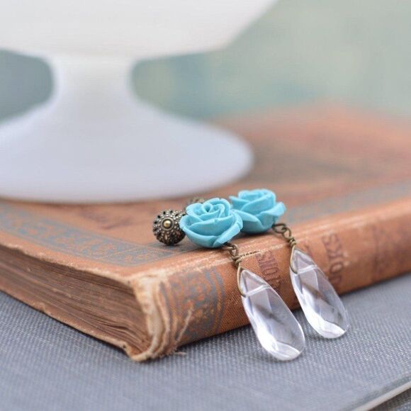 Turquoise Rose Earrings with Crystal Teardrops - Picture 3 of 5